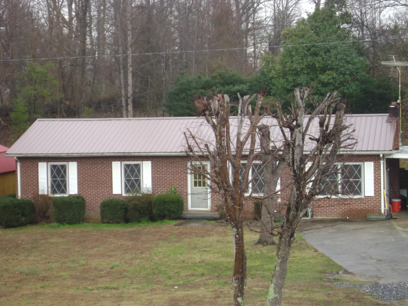 Mauve metal roof on a brick ranch home behind bare trees in Zenda