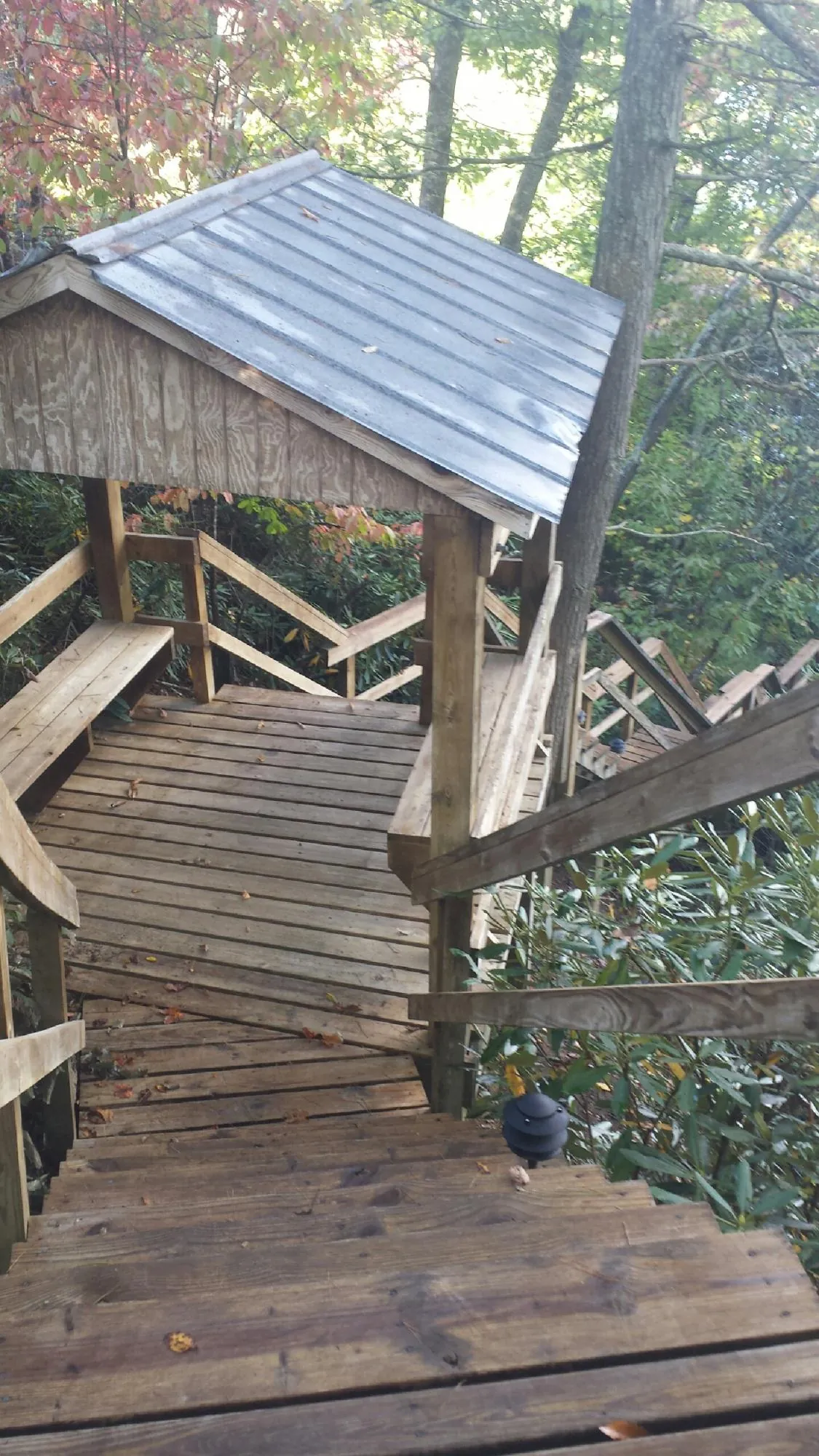 Metal roofed shelter over wooden steps on a wooded walkway — Skylight Repair & Installation work by our crew in Zenda